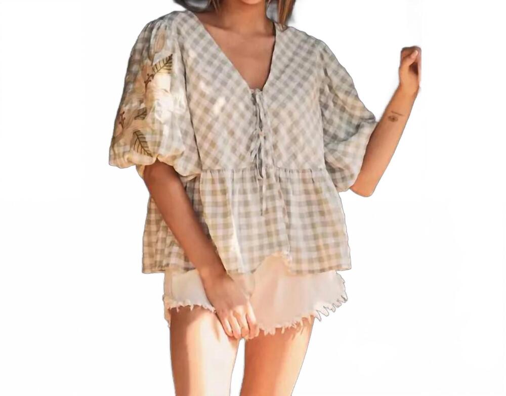 NEW ODDI embroidered gingham puff sleeve blouse in sage green